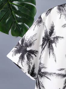 Teenage Boys' Vacation Palm Tree Print Collared Woven Shirt, School, Campus, College - Black and White - View 4