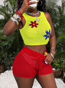 Slaydiva Women's Summer Cute Holiday Vacation Lime Green Woolen Vest&Red Mini Wavy Edge Shorts Set,Round Neck Sleeveless Flower Patch Embroidered 2 Piece Set - Multicolor - View 9