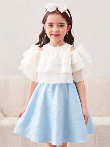 2pcs Young Girl Solid Color Round Neck Knit Top With Mesh Ruffle Details And Woven Skirt Set - Blue - View 3