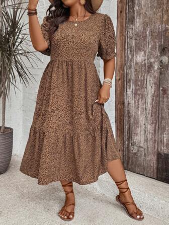 SHEIN VCAY Plus Size Women's Leopard Print Round Neck Short Sleeve Layered Patchwork Maxi Dress, Casual Western Beach Island Bohemian Style Pool Party Outfit  Coconut Girl  Summer  Boho Chic Boho Style Women's Clothing Brunch Outfits For Women Airport Outfit For Women Beach Vacation Outfits City Break Outfits Holiday Outfits Western Clothes For Women Western Wear Women Plus European Summer Island Vacation Outfits Honeymoon Outfits Woman Old Money  Work Summer Dresses Women Summer Clothing Women Plus Sun Dress Women Short Dresses Summer Leopard Dress  Cheetah Print Puff Sleeve Dress