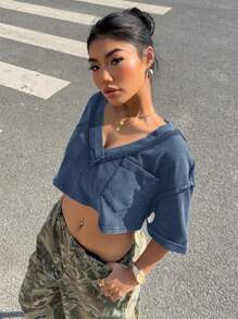 Muchica 女士蓝色针织短款T恤 - 藍色 - 查看 3