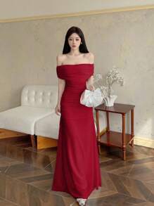 Modelyn Đầm dài lưới trễ vai nhún eo thanh lịch cho nữ, thích hợp cho đám cưới, sự kiện trang trọng Đầm dự tiệc trang trọng cho nữ - Đỏ - Xem 5