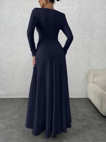 EURMUSE Pastel Blue Sleeve Detailed Blue Dress Gown - Navy Blue - View 2