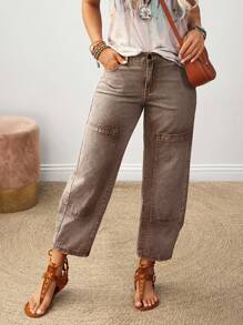EMERY ROSE Women's Solid Color Denim Jeans, Fashionable For Summer - Coffee Brown - View 3