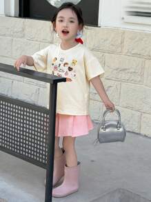 DAZY Set de 2 piezas para niñas con camiseta de punto de manga corta y cuello redondo estampada y falda de verano