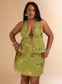 SHEIN BAE 春夏女式简约修身露背背心，女士休闲度假装/沙滩装/绿色上衣，夏季上衣，比基尼上衣，女士上衣，绿色亮片上衣，毕业 - 綠色 - 查看 2