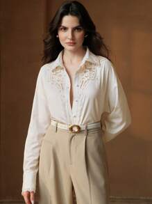 Anewsta Chemisier blanc ample à manches longues, avec patchwork de dentelle élégant, pour femmes. Printemps/Été