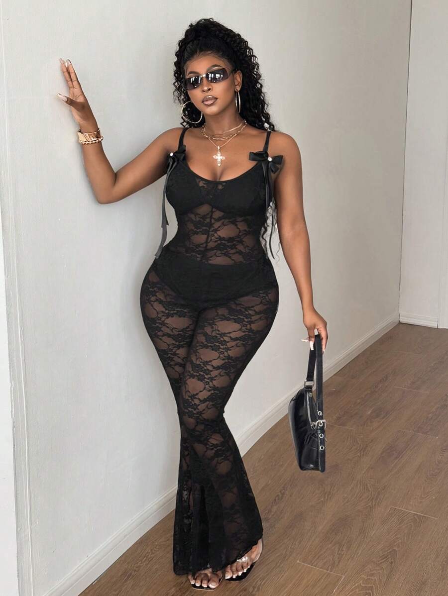 Maweii Bộ đồ liền thân dài xẻ tà ren nơ cỡ lớn - màu đen - Xem 1