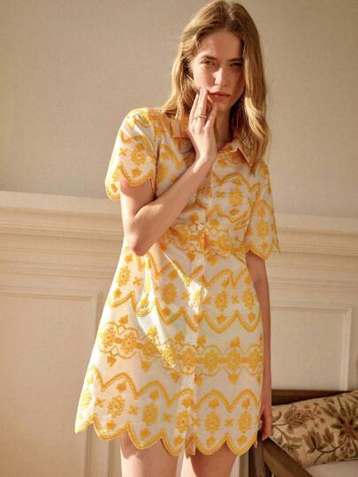 Écloséra 法式浪漫复古黄色刺绣短款开衫，翻领舒适休闲夏季度假连衣裙