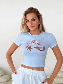 Roylia 女士时尚复古美式岛屿性感女士贝壳印花紧身短袖 T 恤 - 藍色 - 查看 3