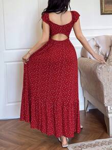 DAZY Vestido largo de punto estilo maxi con espalda descubierta y estampado floral pequeño, cinturón de cintura, vestido de pijama estilo vacaciones para mujer, color rojo, para el Día de San Valentín - Rojo - Ver 2