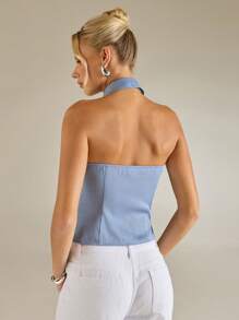 Avantive Summer Women Halter Neck Cutout Front Crop Blue Top - Blue - View 2