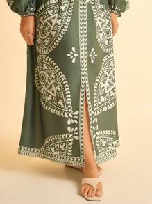 CAJUNI Tropical Print V-Neck Long Lantern Sleeve Split Loose Green Beige Casual Maxi Dress For Plus Size Women