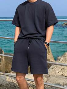 DAZY Set de 2 camisetas azul marino sólidas para hombre, de verano