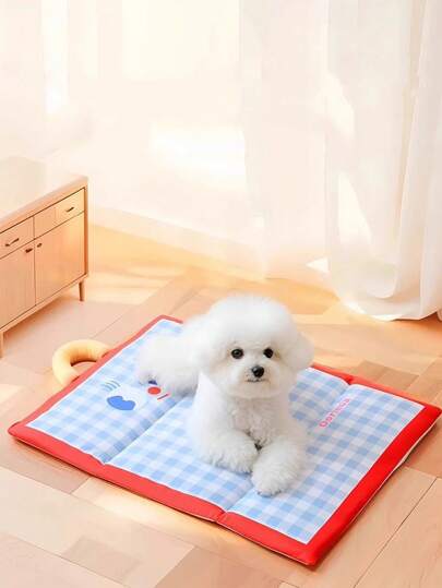 PETSIN 1 件蓝色和红色多巴胺印花格子冷却垫，春/夏季，透气网眼面料，柔软舒适的宠物床/垫子，适合猫、贵宾犬等小型犬，可洗可折叠宠物床垫