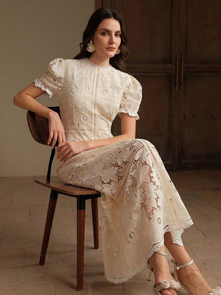 Floral Lace Hollow-Out Ruffle Trim Elegant Chiffon Dress, Ideal For Spring, Summer, Festivals, Holidays, Vacations
