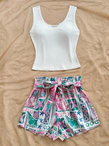 Soleia 女士 2 件卡其色休闲修身 V 领吊带背心和岛屿元素印花短裤套装，度假、海滩、派对、下午茶、夏季服装 - 彩色 - 查看 6