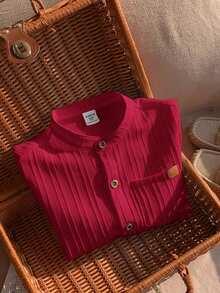 SHEIN LMoss Kids LMoss 男童休闲基本款翻领衬衫，带口袋，舒适透气 - 紅色 - 查看 7