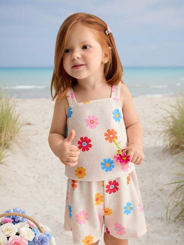 SHEIN 2pcs Baby Girl Casual Simple Comfy Crew Neck Sleeveless Floral Print Tank Top And Shorts Set