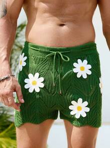 Manfinity VDAYZ Pantaloni scurți casual tricotați pentru bărbați, cu talie cu șnur și imprimeu floral