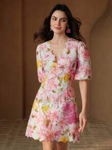 Women V-Neck Short Puff Sleeve Ruffled A-Line Lace Floral Print Dress, Summer, Festival, Holiday, Vacation, Elegant - Pink - View 4