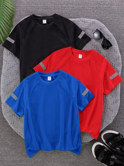 SHEIN 3pcs Set Kids Tween Boys Casual Sports Mix & Match Reflective Tape Crew Neck Loose Knit Short Sleeve T-Shirts, 3 Assorted Designs, Suitable For School, Garden, Beach, Birthday In Spring, Summer, Autumn & Winter Seasons