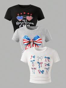 SHEIN Ensemble de 3 pièces pour filles T-shirt avec imprimés festifs, motifs raffinés et uniques qui rayonnent d'une atmosphère joyeuse. Tissu doux qui prend soin de la peau en douceur. Rendez votre petit(e) la vedette - Multicolore - Voir 4