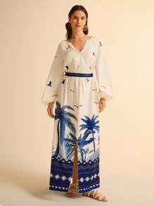 CAJUNI Robe décontractée bleue ample avec fente, imprimé tropical, col en V, manches longues évasées pour femme - Multicolore - Voir 7