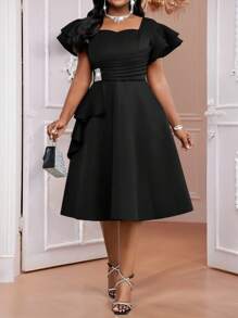 Fleurora Plus Size Elegant Solid Color Rhinestone Embellished Ruffle Hem Midi Dress