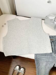 Comfortcana 女士时尚百搭单排扣针织开衫背心 - 灰色 - 查看 2