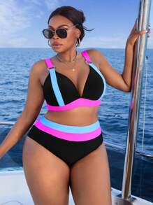 Slaydiva Conjunto de bañador de 2 piezas para mujer de talla grande, sostén push-up acolchado con parches de unicolor, con tirantes anchos ajustables a juego con la Bottom de bikini de cintura alta en color contrastante, elegante y sexy para vacaciones de verano en la playa - Rosa Fucsia - Ver 4