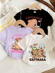 SHEIN Genkimix Kids 3pcs/Pack Young Girls' Casual Capybara Print Short Sleeve T-Shirt, Summer Shirts Cute Baby Tees Cute Shirts Funny Baby Tees Cute Shirts