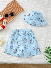 Baby Boy Seashell Print Swim Shorts And Hat Swimwear - Multicolor - View 2