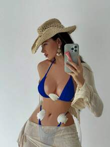 Swim SXY Women Spring Break Beach Wear Summer, Solid Color Shell Strap Blue Bikini Bottom, Festival Boho - Blue - View 4