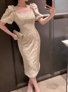 DAZY 女士碎花方领泡泡袖中长连衣裙 舞会礼服 优雅女装 - 杏色 - 查看 9