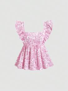 Sweetra 女式复古方领设计腰部收紧盖袖轻盈荷叶边下摆法式休闲假日衬衫，夏季 - 彩色 - 查看 1