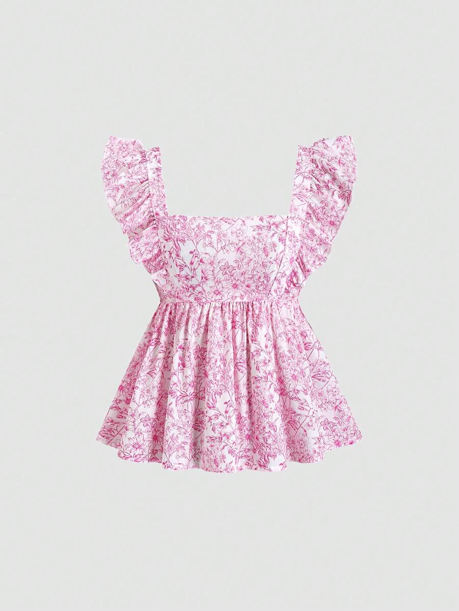 Sweetra 女式复古方领设计腰部收紧盖袖轻盈荷叶边下摆法式休闲假日衬衫，夏季 - 彩色 - 查看 1