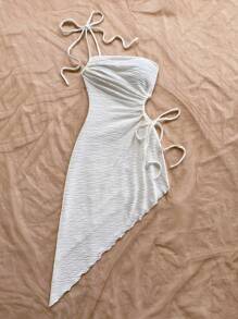 Soleia Vestito midi con spalla asimmetrica, coulisse, vita traforata e orlo asimmetrico, adatto per vacanze, appuntamenti, pomeriggio del tè, festival musicali, spiaggia, outfit estivi, stile boho, vacanze, uncinetto, lino