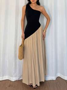 Chiquease 1 件女式无袖单肩褶饰设计连衣裙 - 黑色 - 查看 8