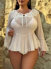 Swim SXY Plus Size Solid Color Ruffle Tie Front Sheer Long Sleeve Cover Up Coverup For Summer Beach Vacation - White - View 4