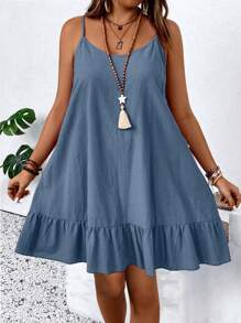 SHEIN PETITE CURVE Plus Size Solid Color Sleeveless Casual Vacation Dress - Blue - View 1