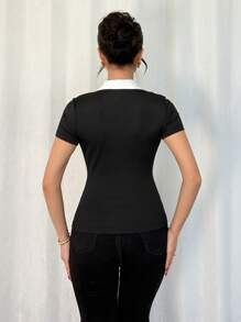 Chiquease 女士撞色拼布衬衫领休闲T恤