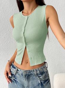 SHEIN EZwear Women's Summer Casual Slim-Fit Mint Green Single-Breasted Short Top - Mint Green - View 3