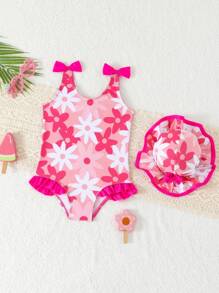 Baby Girls Floral Hooded Swimwear Set, Fashionable Cute Ruffle Design, Suitable For Swimming, Beach, Summer Vacation Bathing Suits For Baby Girl Clothes Swimsuit Baby Girl Swimwear Bathing Suits For Baby Bathing Suits For Baby Girl