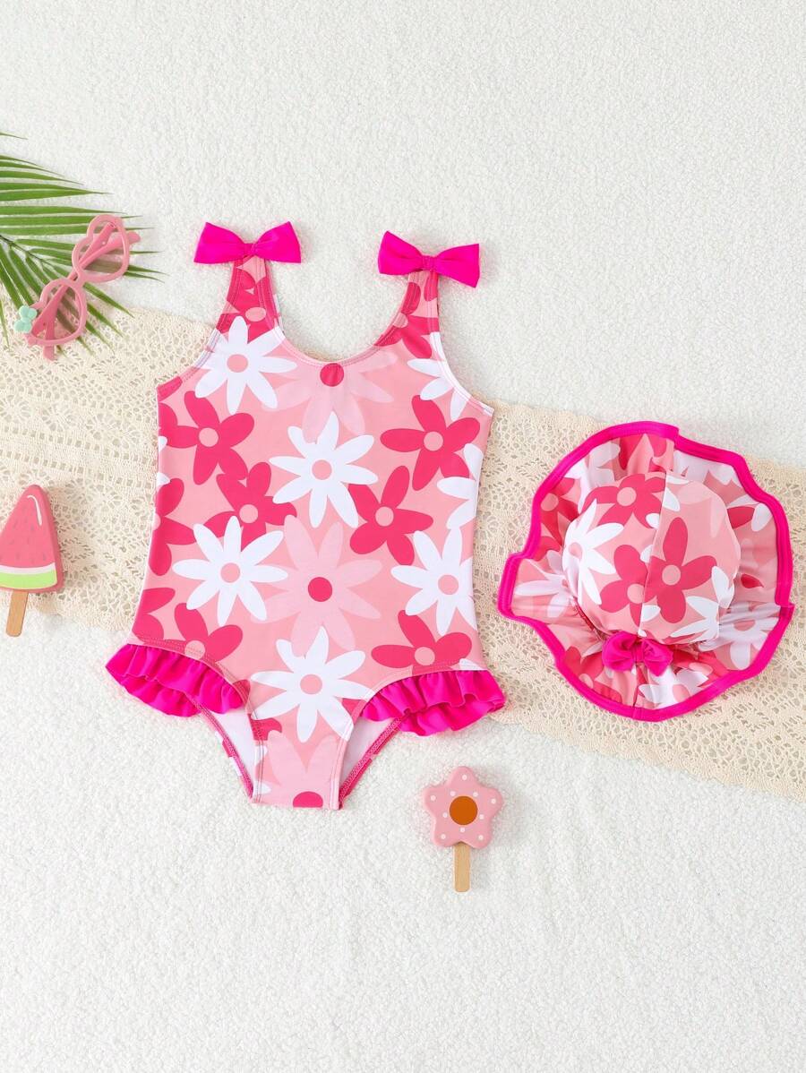 Baby Girls Floral Hooded Swimwear Set, Fashionable Cute Ruffle Design, Suitable For Swimming, Beach, Summer Vacation Bathing Suits For Baby Girl Clothes Swimsuit Baby Girl Swimwear Bathing Suits For Baby Bathing Suits For Baby Girl