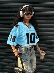 SHEIN EZwear Summer Blue Satin Contrast Mesh Cropped Printed T-Shirt