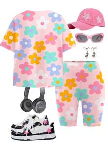 SHEIN 2pcs/Set Tween Girls Casual Minimalist Dopamine Flower Graphic Loose Fit Short Sleeve T-Shirt & Shorts Set, Suitable For Summer