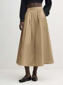 BizChic 2025 Autumn Women's Khaki Pleated Waist Slant Pocket Flared Hem Design Skirt, Elegant Business Casual Everyday Commute, Suitable For Beach Resort, Wedding Guest, Brunch, Airport, 90s Retro Style, Office Wear, Teacher Attire