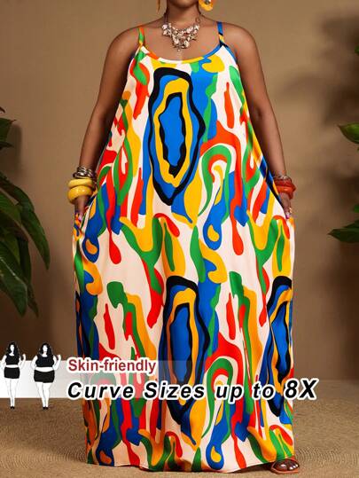 SHEIN CURVE+ Vestido de tirantes con estampado abstracto de verano para talla grande, vestidos bohemios de vacaciones, vestidos de sol para mujer, atuendos de playa para mujer, vestido de playa, atuendos de vacaciones de playa, artículos esenciales de playa, vestido de graduación/té de verano, atuendos de vacaciones de campo/playa, atuendos de playa, ropa de playa