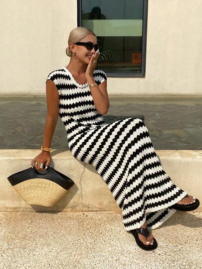 DAZY Summer New Beach Holiday Style Striped Women Knit Dress Women Sweater Dresses Vacation